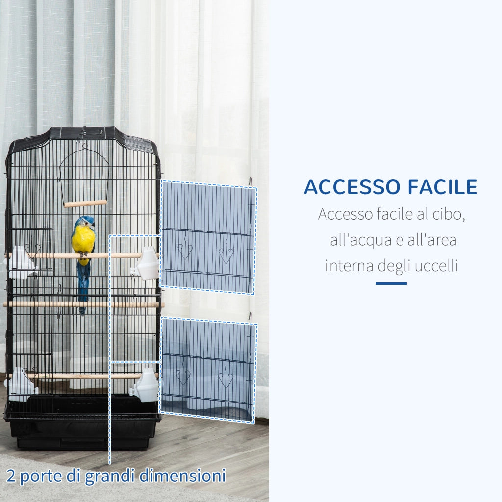Gabbia per Uccelli in Metallo e Plastica con Trespoli, Altalena e Ciotole, 46.5x35.5x92 cm, Nero