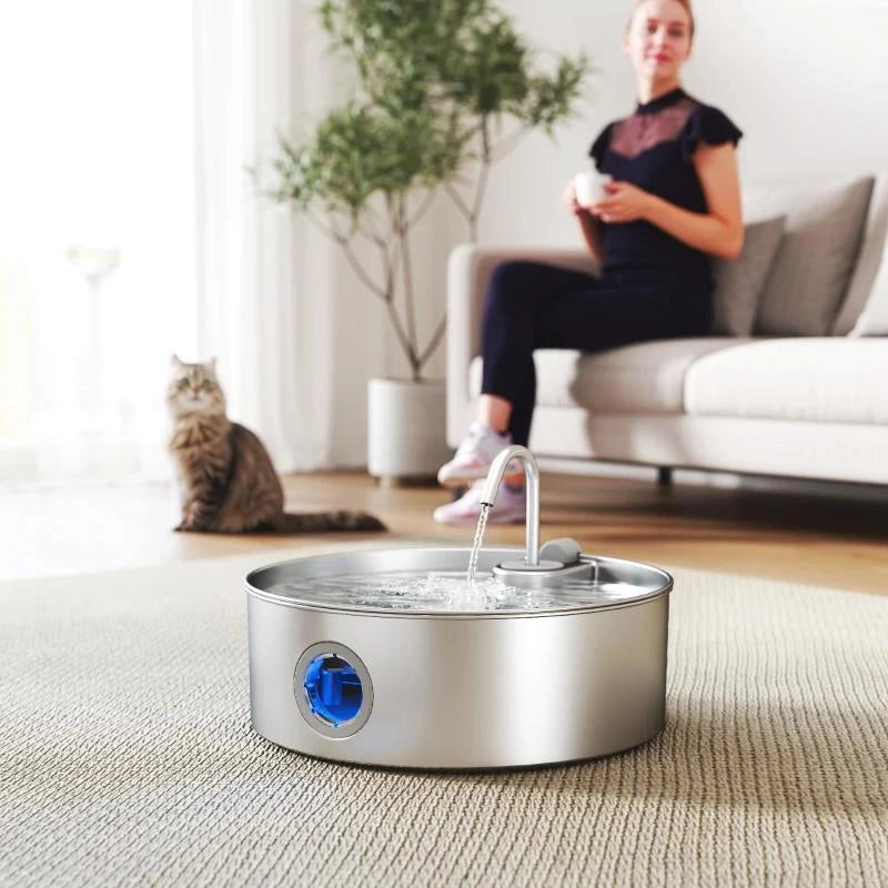 FONTANELLA PER GATTO 7L CON LUCE LED E TRIPLA FILTRAZIONE, IN ACCIAIO INOX 304, 30.5X31.2X19.3 CM, ARGENTO