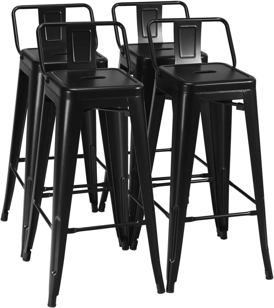 Set di 4 Sgabelli da Bar con Schienale da 94 cm, Sgabelli in Metallo Impilabili con Poggiapiedi per Cucina, Sala da Pranzo e Bar (Nero)