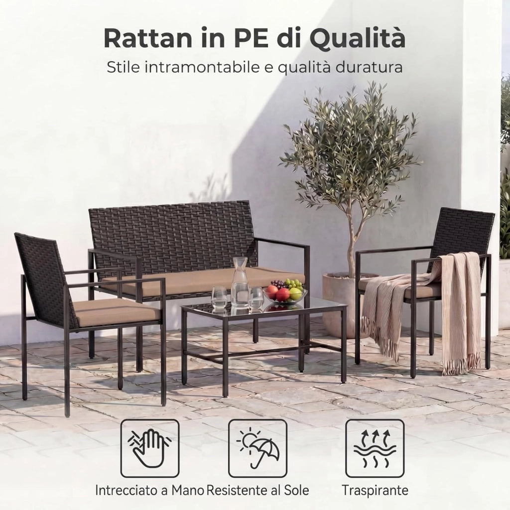 Set Salotto da Giardino in Rattan 4 Pezzi, Set Mobili da Eterno con 2 Poltrone, Divano a 2 Posti, Tavolino con Piano in Vetro Temperato e Comodi Cuscini per Cortile, Bordo Piscina (Marrone)