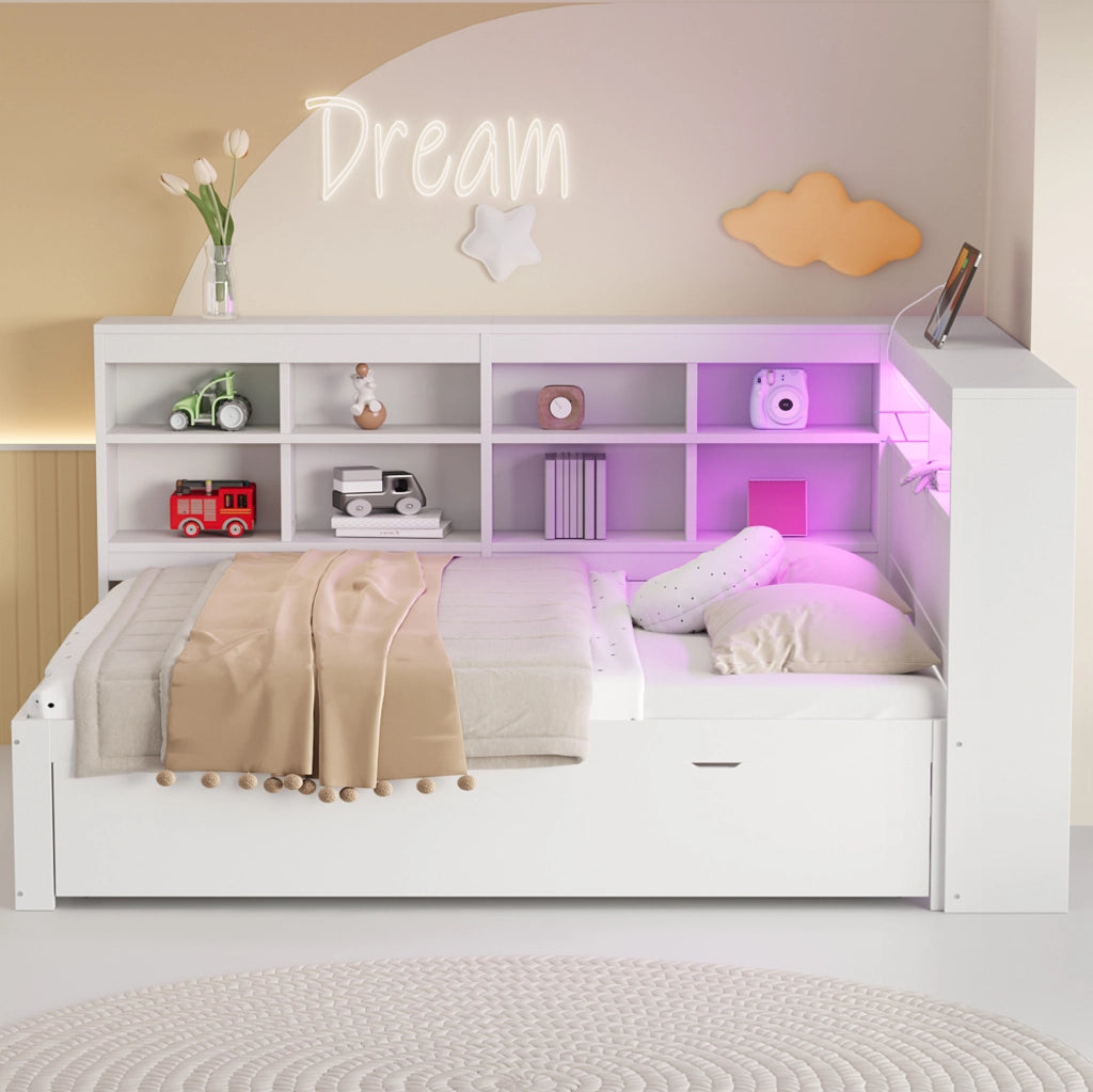 Letto matrimoniale multifunzione 140x200 cm bianco con contenitore, USB e LED