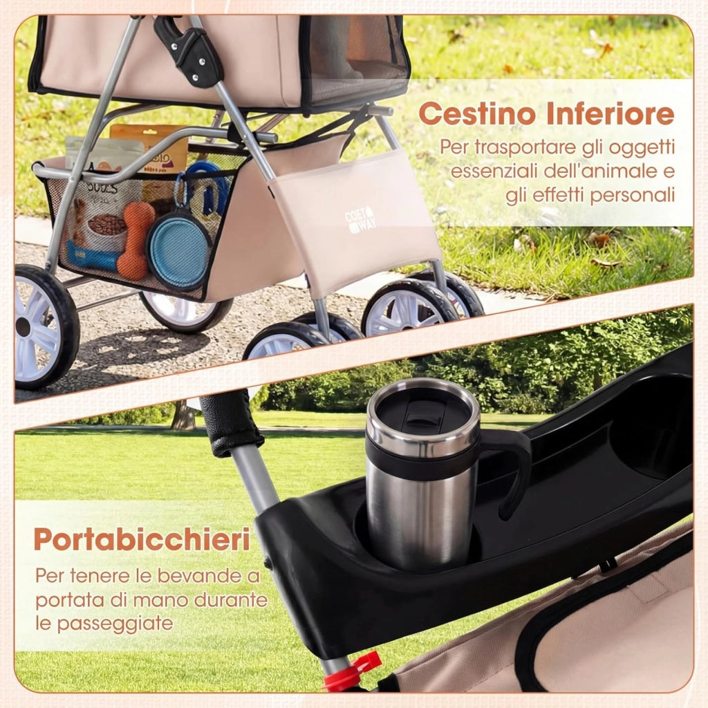 Passeggino per Cani Piccoli Pieghevole Facile, Carrozzina per Cani Portata Fino a 15 kg con Rete Traspirante e Copertura Impermeabile, Passeggino per Gatti per Viaggio (Beige)