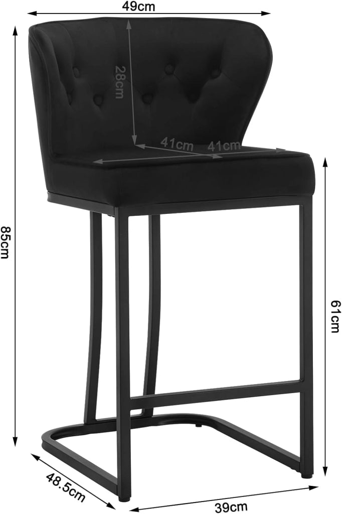 Set di 2 Sgabelli da Bar con Schienale, Sedie Sala Pranzo con Poggiapiedi Ergonomica per Cucina, Camera da Letto, Soggiorno, Sedie in Velluto e Gambe in Metallo, Nero, BH383sz-2