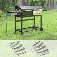 Barbecue a Carbone e Gas con 3 Bruciatori e Coperchio, Termometro, Ruote e Ripiani, Nero