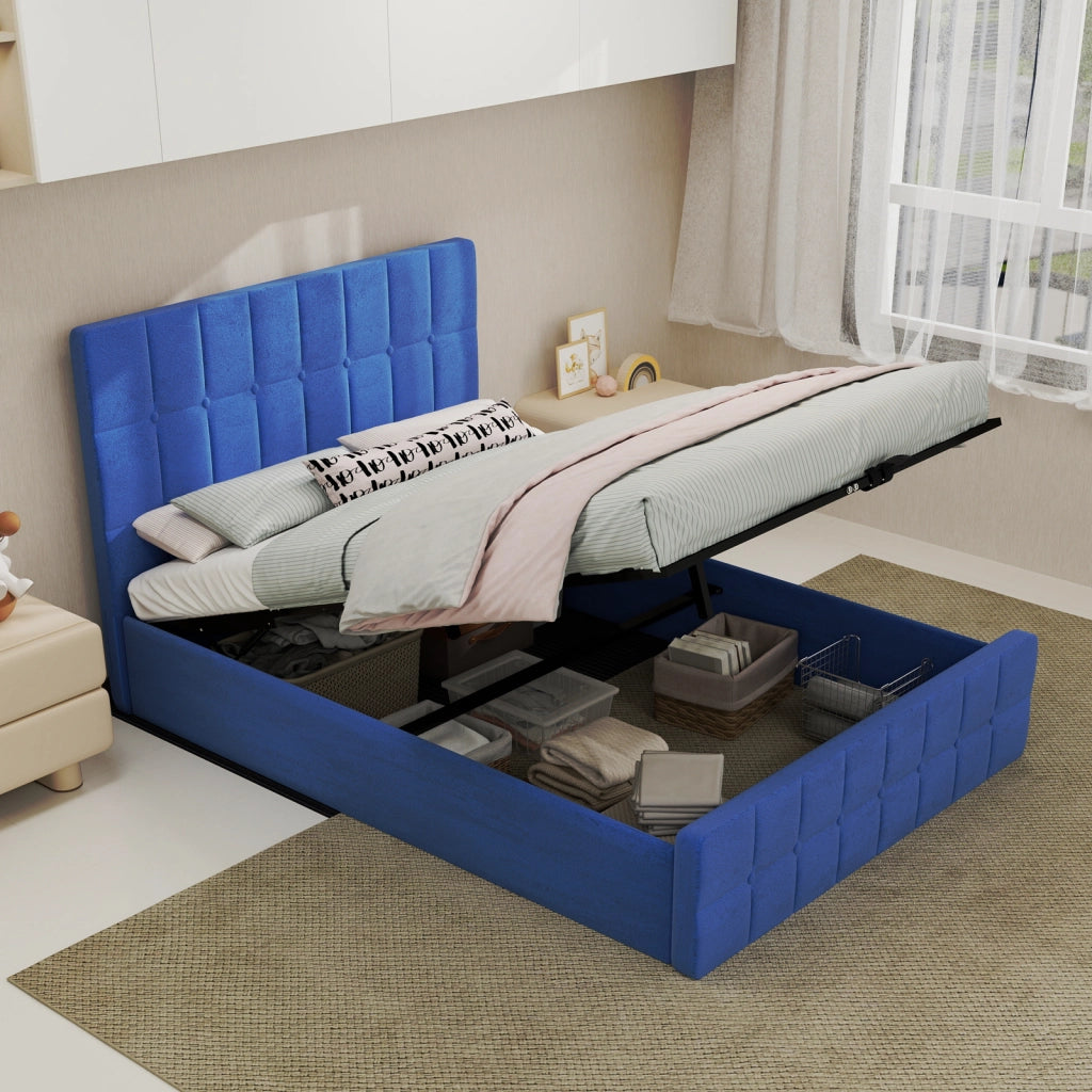 letto imbottito in velluto blu 140 x 200 cm