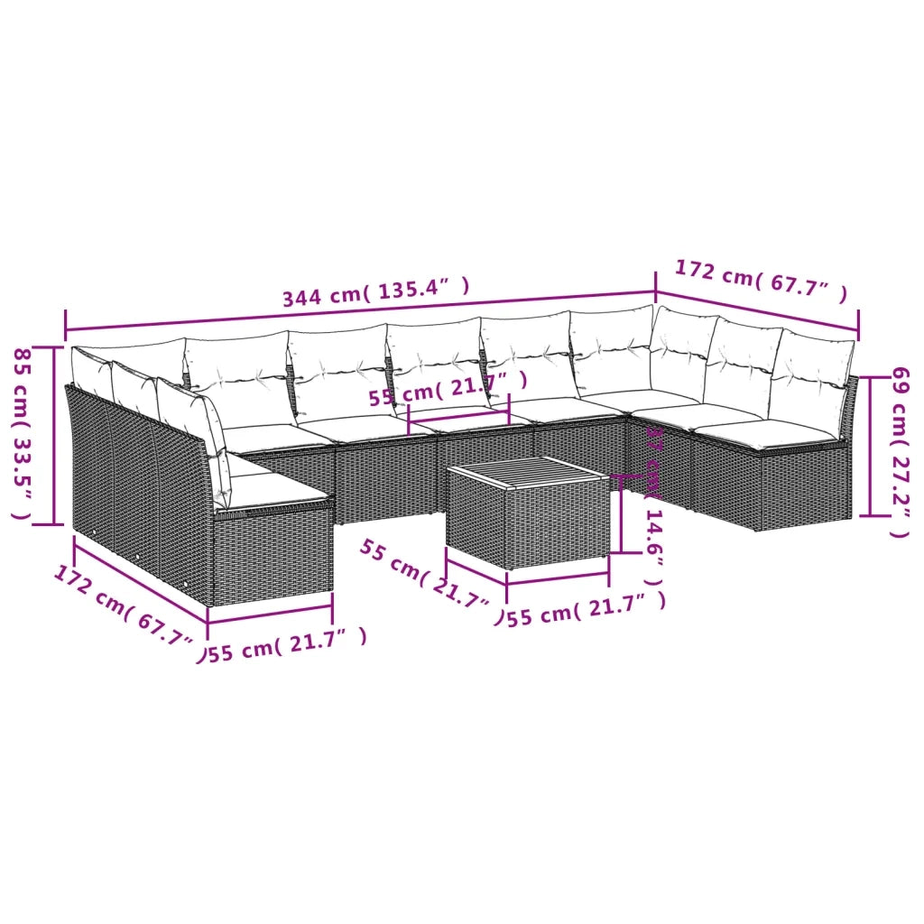 Set Divani da Giardino 11 pz con Cuscini in Polyrattan Nero 3223794