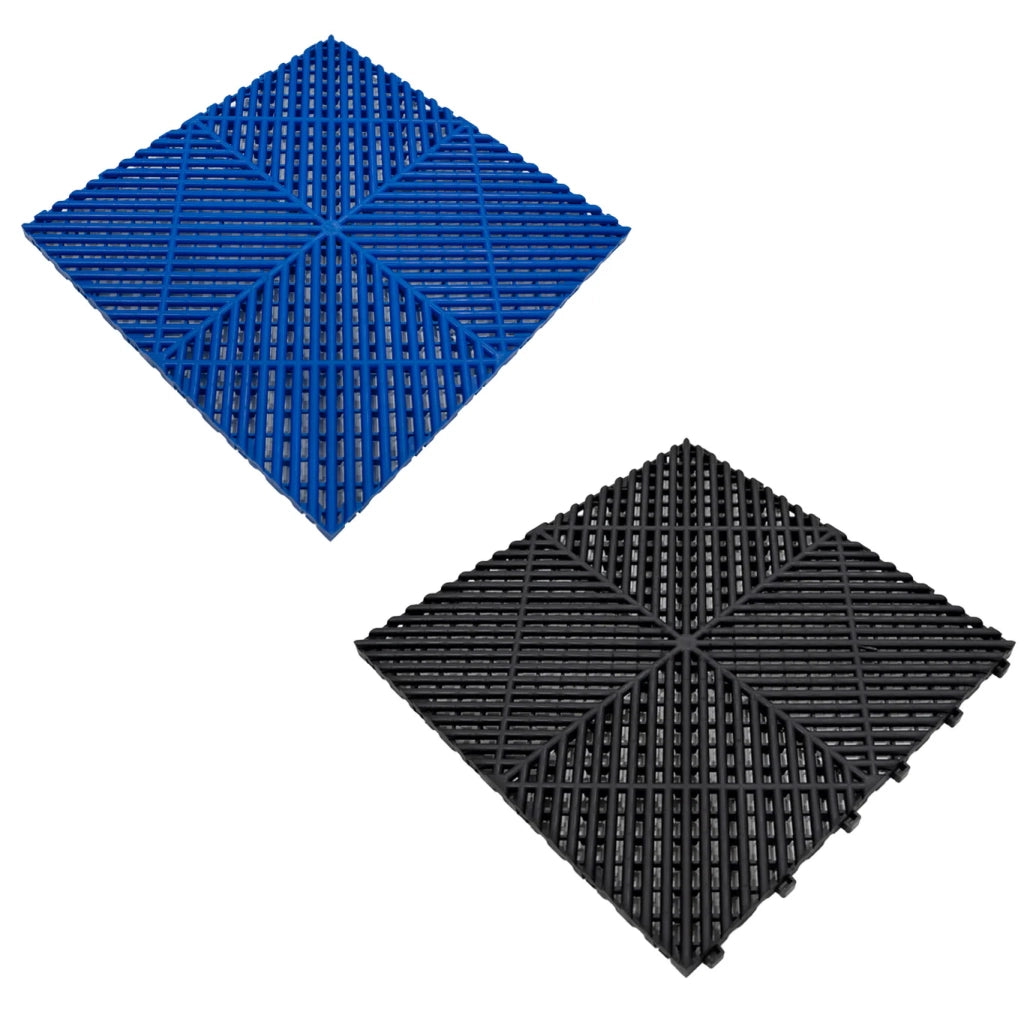 Piastrelle ventilate nere e blu 6m x 6m per garage doppio e officine, antiscivolo.