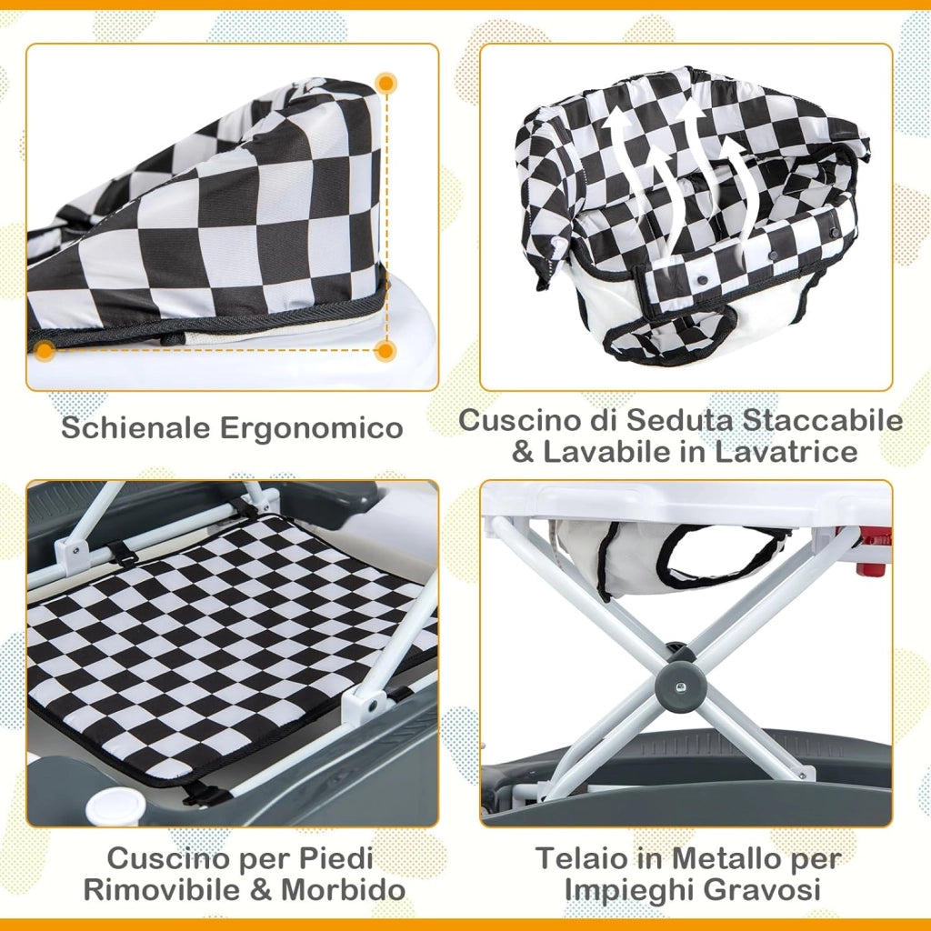 Girello per Bambini 6 in 1, Primi Passi per Neonati con Altezza Regolabile, Sedia a Dondolo per Bambini, Girello Pieghevole con Vassoio Musicale, Cuscino, per Bambini 6+ Mesi (Grigio)