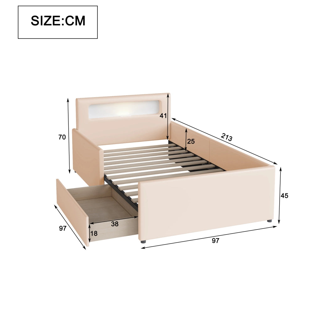 Letto imbottito per bambini 90x200 cm con luce notturna USB e cassetti beige