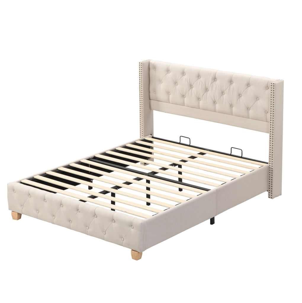 Letto imbottito 160x200 cm; testiera trapuntata con borchie; lino beige (Senza materasso)