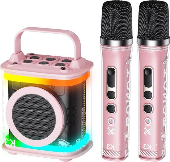 Impianto Karaoke 2 Microfoni Senza Fili Altoparlante Bluetooth Per Karaoke Illuminazione a LED Regalo per Festa di Compleanno Ragazze Casa Party Rosa