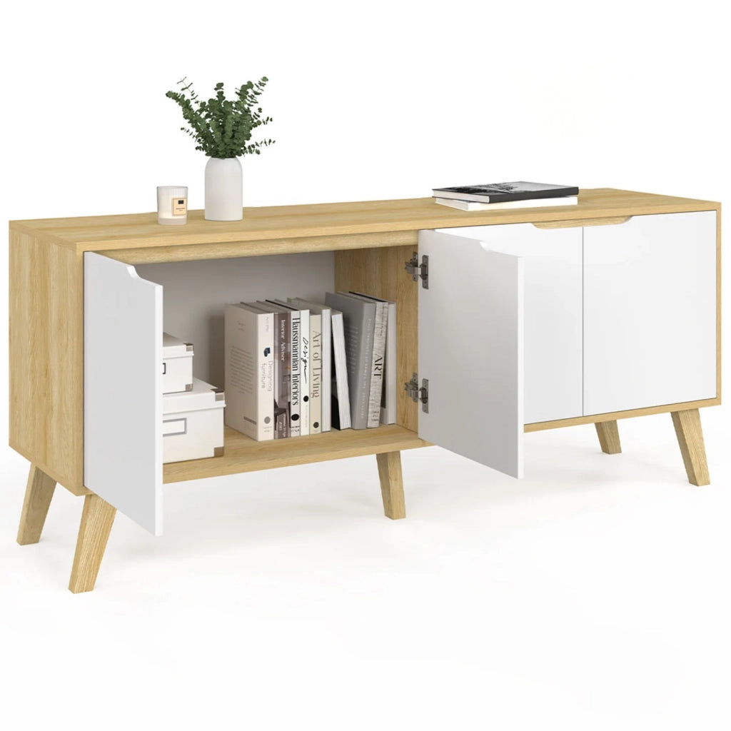 IDMarket - Credenza bassa scandinava 140 cm FINN in legno effetto faggio 4 ante bianche