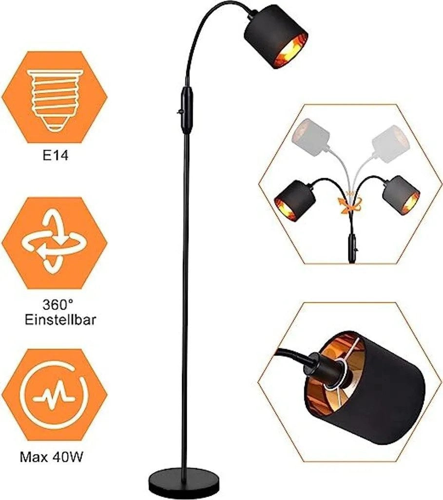ZMH Lampada da terra nera tessuto arco orientabile 360° E14 interruttore bilanciere vintage senza lampadina