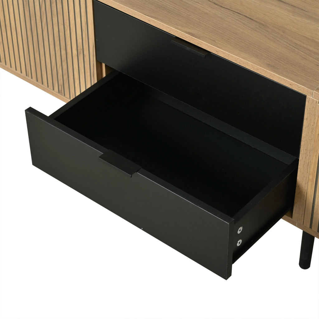Mobile TV, 208 x 40 x 48 cm, in truciolato, 3 cassetti, finitura effetto legno, color legno naturale e nero