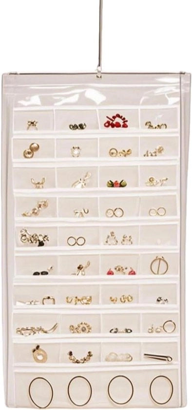 Organizzatore di accessori da appendere per tavolo da toeletta e armadio - Scatole di conservazione per orecchini con cassetti rotanti e cerniera in bianco