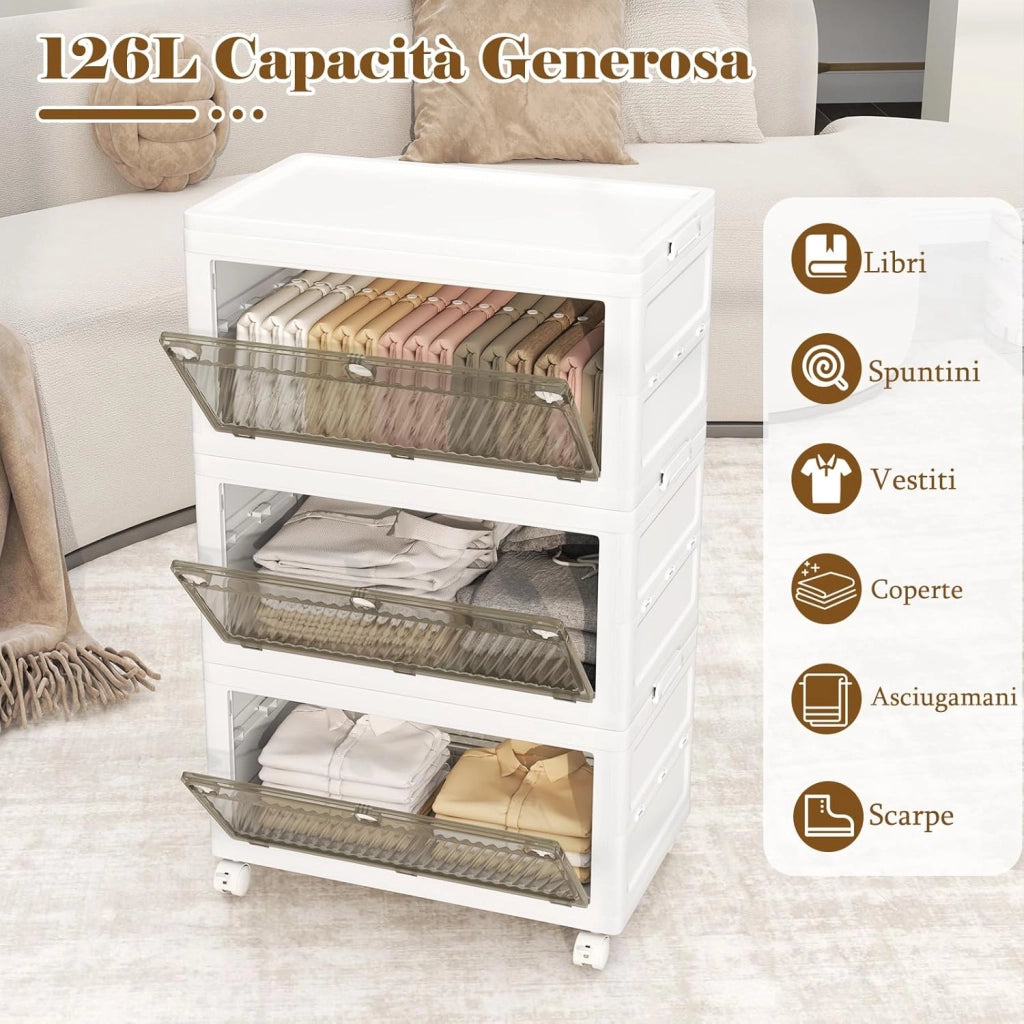 Comodino in Plastica Multipiano con Coperchio 126 L, Scatole Impilabili con 4 Ruote e Freni, Contenitori di Stoccaggio Pieghevole, per Soggiorno, Camera da Letto e Bagno, Bianco (3 Ripiani)