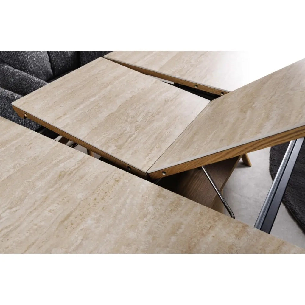 Table LUMEA estensibile 160–200 cm – Tavolo contemporaneo in ceramica effetto travertino e quercia
