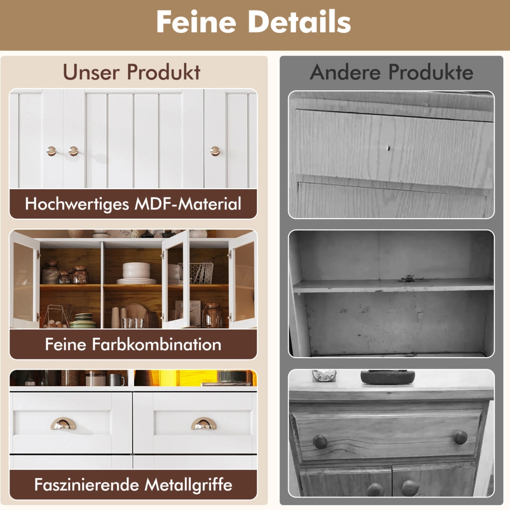 Credenza cucina con LED e ante in acrilico, 140x40x175 cm