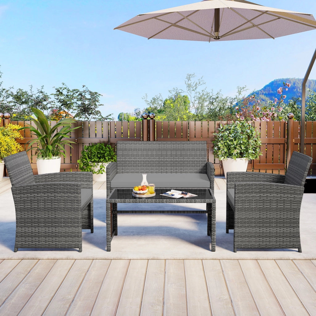 Set conversazione patio 4 pezzi in vimini con cuscini e vetro temperato, Mobili da esterno per giardino veranda balcone Grigio