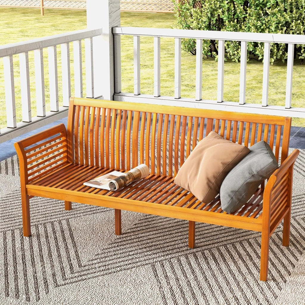 Panca da giardino a 3 posti, panca da parco in legno di acacia, panca da parco con cuscino rimovibile, sedia da parco con schienale, carico di 540 kg, 159 x 59 x 77 cm