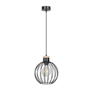 Sospensione 1 Luce Morgana Paralume A Gabbia In Acciaio Nero E Legno Naturale