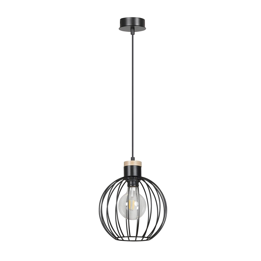 Sospensione 1 Luce Morgana Paralume A Gabbia In Acciaio Nero E Legno Naturale
