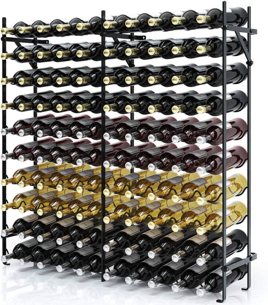 Portabottiglie in Metallo da Pavimento per 100 Bottiglie con 10 Ripiani e Kit Antiribaltamento, Espositore per Vino con Grande Capacità, 98 x 25,5 x 100 cm, Nero, per Bar, Cantina