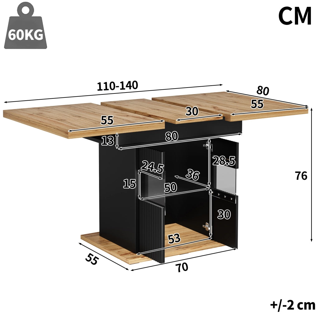 Tavolo da pranzo allungabile con vano contenitore chiuso; ripiano regolabile e illuminazione LED; per cucina e sala da pranzo; 110 × 80 × 76 cm