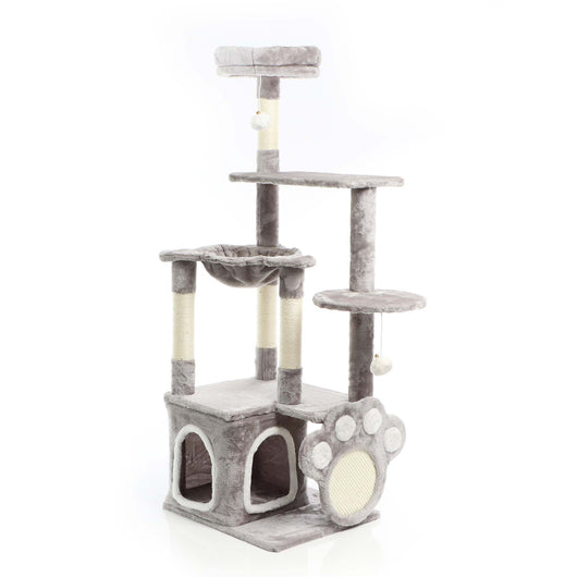 Fudajo Albero tiragraffi grigio con zampa 135cm Con sisal e casetta Cuccia per gatti Nicchia