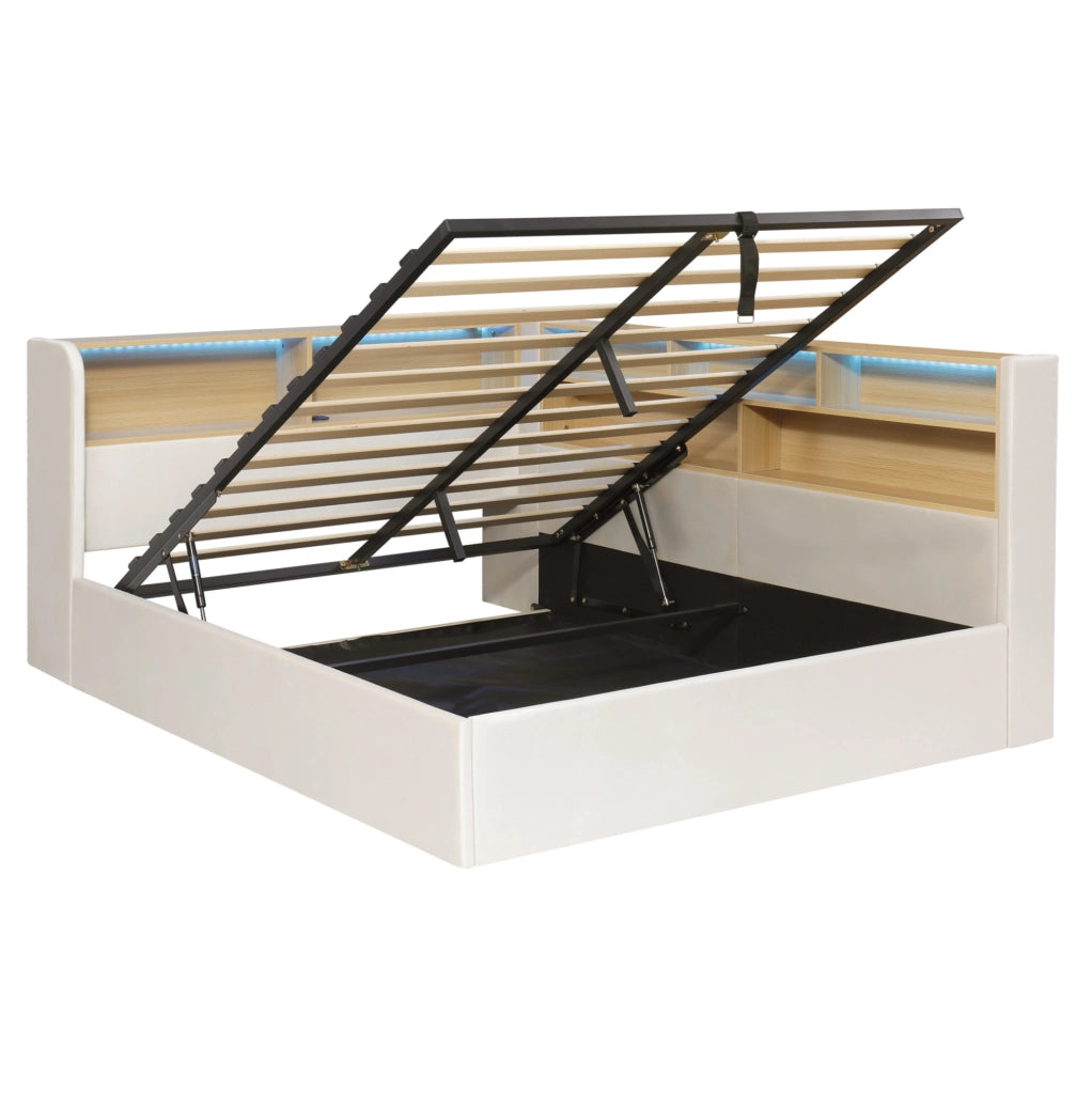 Letto da giorno imbottito 140x200 cm in velluto beige con contenitore; LED; USB e Type-C