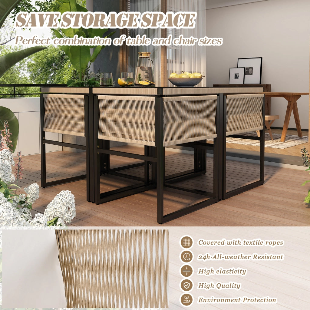 Set pranzo giardino 5 pezzi: tavolo pranzo + 4 sedie impilabili; ferro; vetro sicurezza; beige