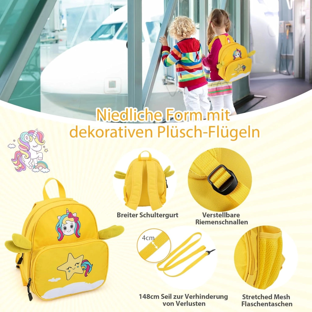 Set di Valigia Cavalcabile 18’’ + Zaino 12’’ per Bambini 2 Pezzi, Bagagli 2-in-1 di con Maniglia Telescopica e 4 Ruote, Trolley Bagaglio a Mano e Zaino per Bambini (Giallo Unicorno-C)