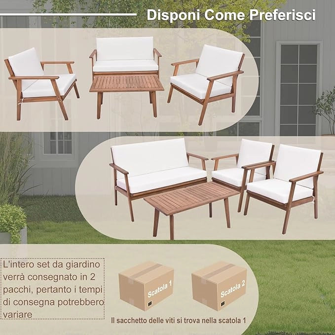 Set di Conversazione da Esterno in 4 Pezzi, Set da Divano in Legno di Acacia con Cuscini Morbidi per Sedile e Schienale, Tavolino da Caffè Rettangolare, per Patio Giardino Piscina (Bianco)