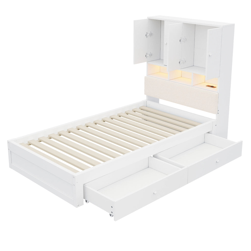 Letto in legno 90 x 200 cm, testiera imbottita, con vano portaoggetti, illuminazione a LED, presa di corrente, 2 cassetti, bianco