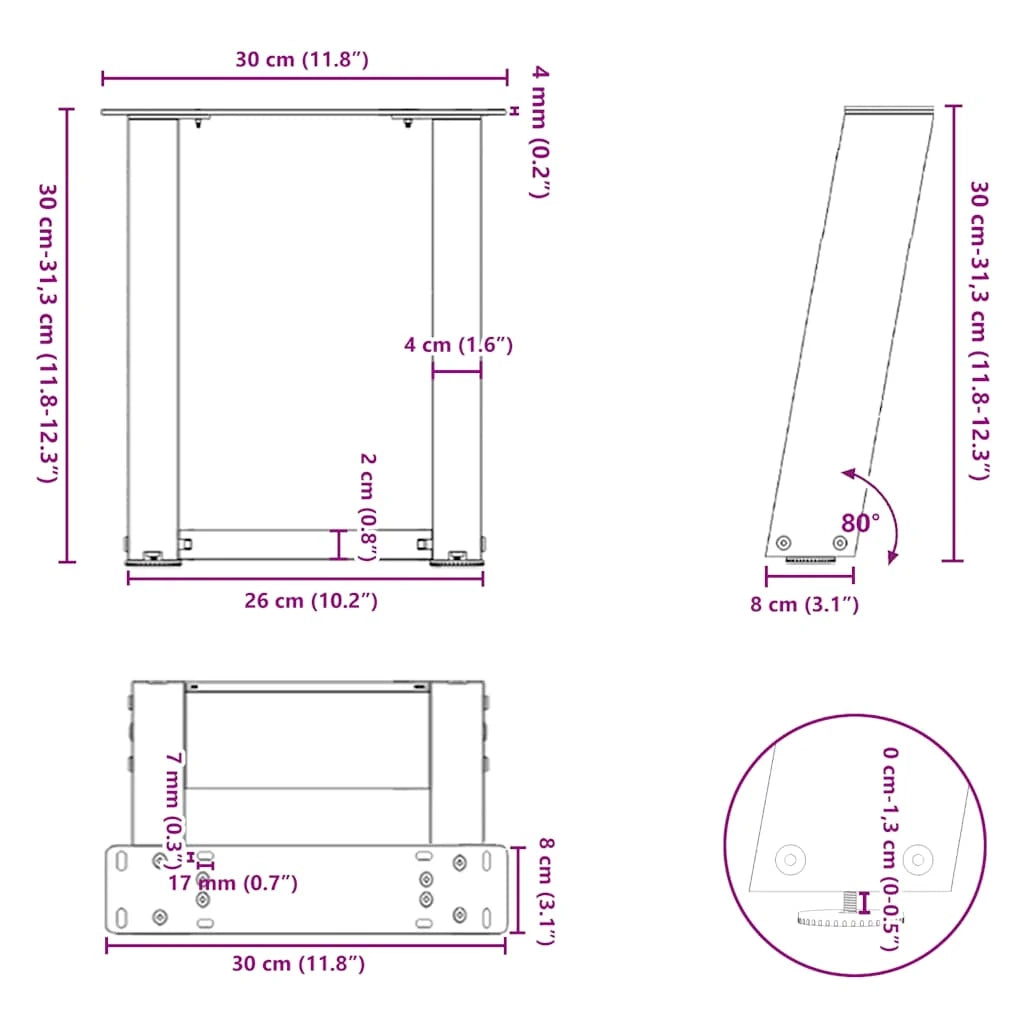 Set di 2 gambe per tavolino da caffè angolate a forma di U dal design moderno 30 x 30 cm con piedini livellatori in acciaio naturale 02_0057024