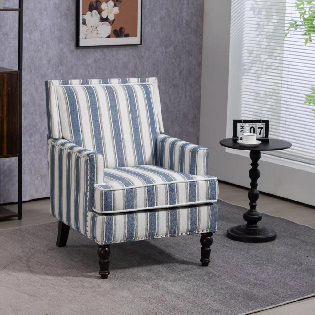 Sedia vintage imbottita - Zephmum- Blu e bianco in lino con borchie