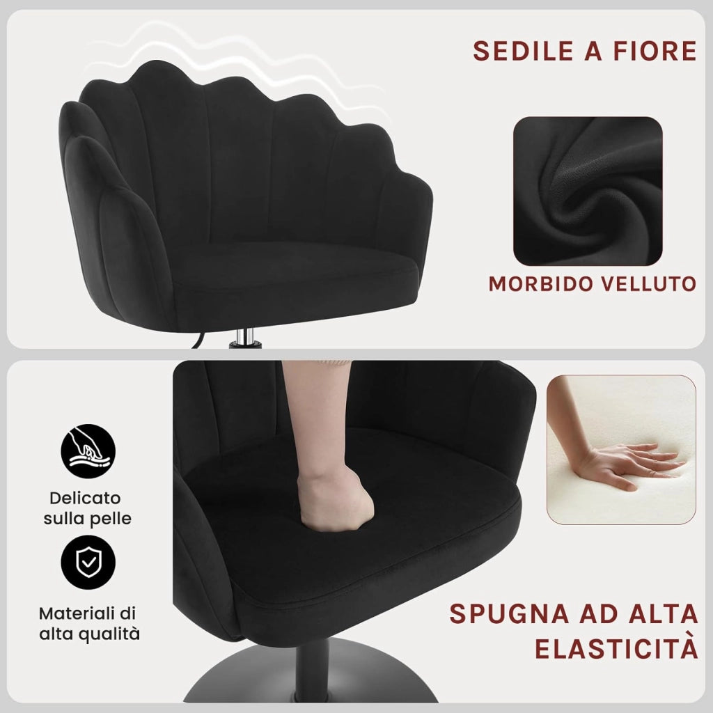 Sedia da Trucco, Poltrona Girevole in Velluto, Regolabile in Altezza per Camera da Letto, Soggiorno, Nero