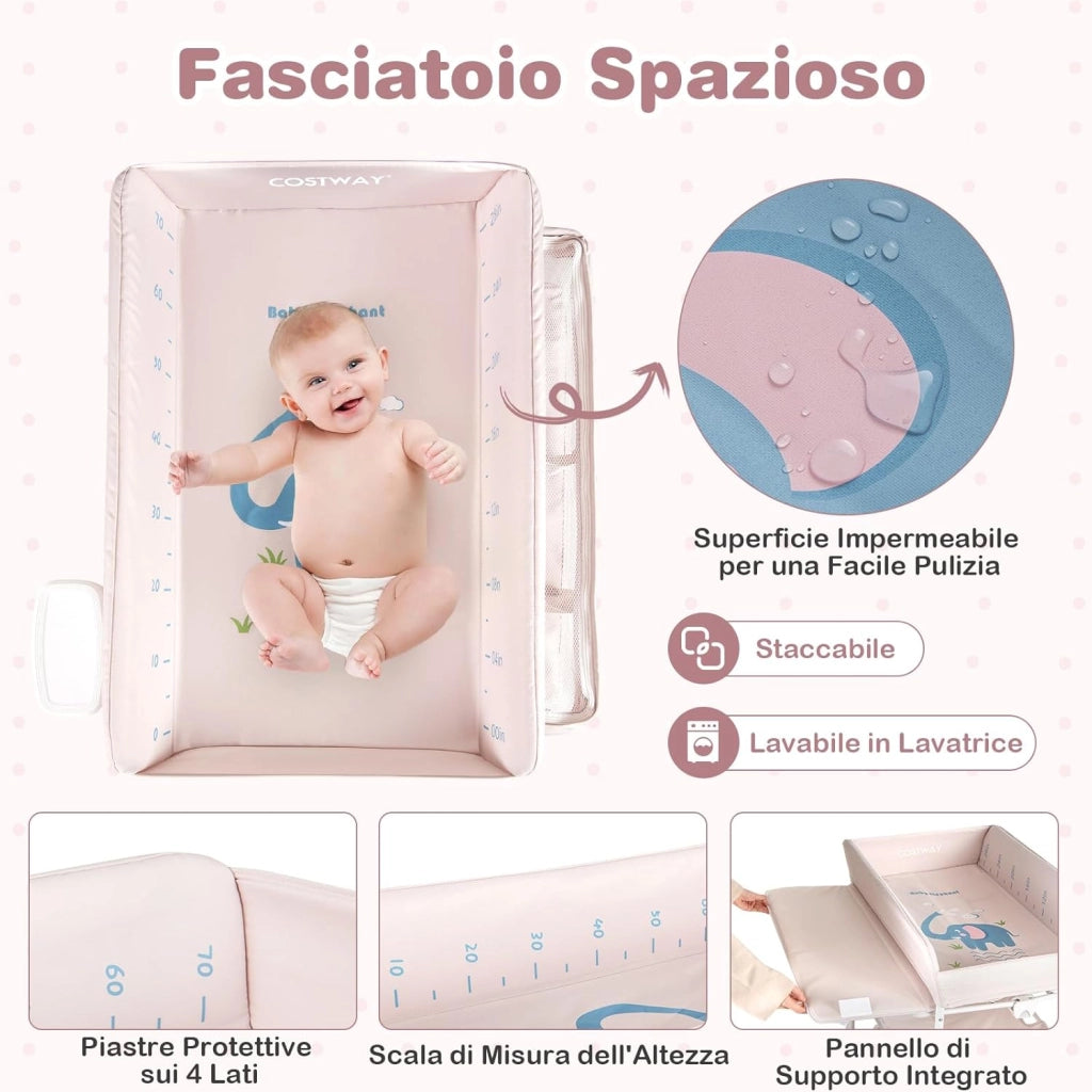 Fasciatoio Pieghevole Neonato, Fasciatoio Portatile con Altezza Regolabile, Comodino per Pannolini con Ruote di Bloccabili, 2 Ripiani, Porta Asciugamani, Cestino di Rifiuti (Beige)