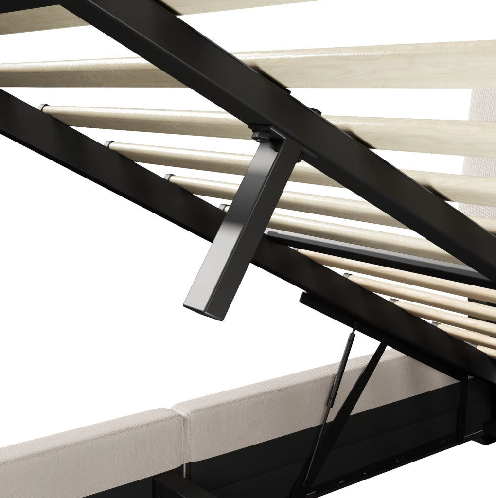 Letto imbottito 140x200 cm con contenitore, LED, USB e USB-C in lino beige HAVRYA