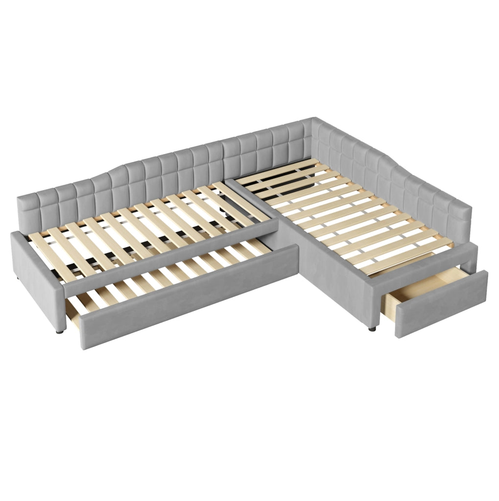 Letto angolare imbottito 90x200 con letto estraibile e cassetti