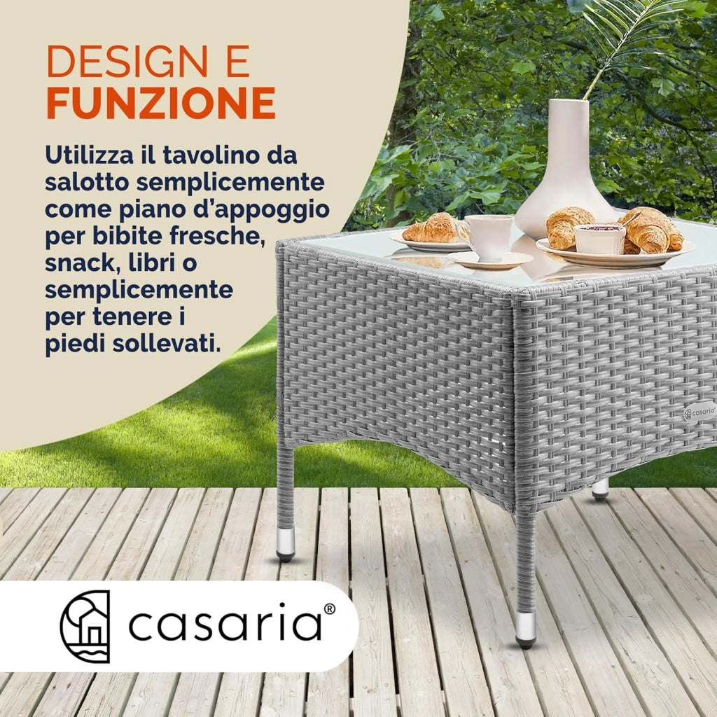 ® Tavolino da Giardino Esterno in Polyrattan 58x58x42cm Piano in Vetro Tavolo Basso da Caffè Quadrato Poggiapiedi
