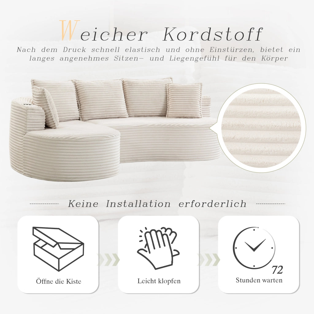 DIVANO ad arco 250x152x82 cm in velluto beige con portabevande e tasca laterale