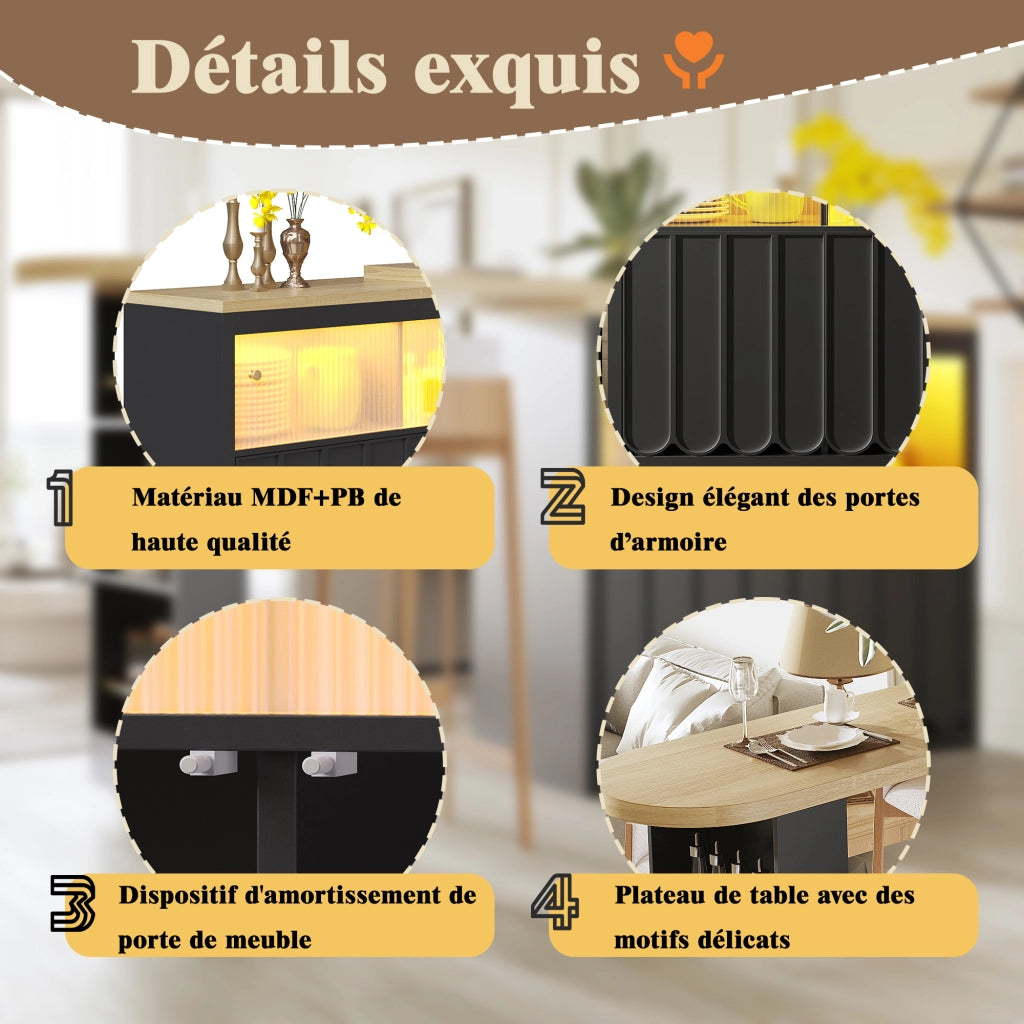 OKWISH Carrello da Cucina Estensibile con Vano Contenitore e Ripiani Regolabili, LED e Ruote, per Cucina, MDF e Vetro, 135-205 x 39 x 100 cm