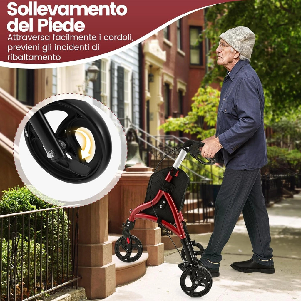 Deambulatore per Anziani in Alluminio Ultraleggero a 3 Ruote, Rollator per Anziani Pieghevole e Regolabile in 6 Livelli 86-96 cm con Borsa e Ruote Bloccabili, Portata 136 kg (Rosso)