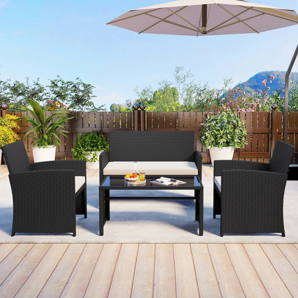 Set Mobili da Giardino 4 Pezzi in Rattan Bianco con Tavolino in Vetro Temperato e Cuscini Sfoderabili, per Esterno Balcone e Terrazzo