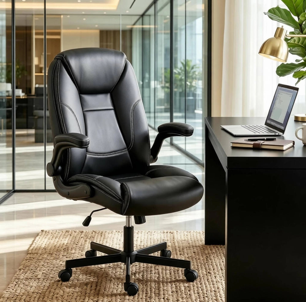 Sedia da ufficio ergonomica in PU nero con braccioli ribaltabili e altezza regolabile