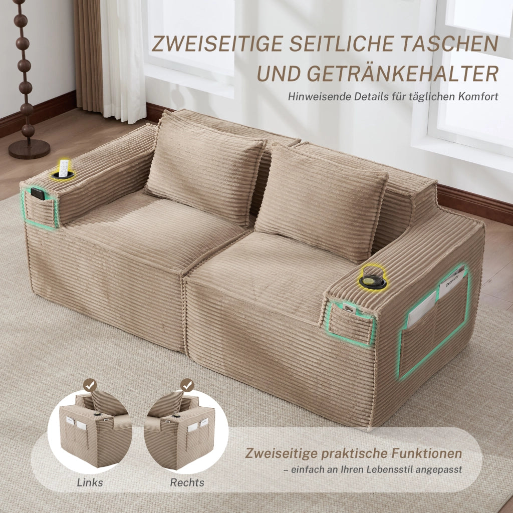Divano modulare a 2 posti con portabicchieri e tasche laterali in velluto a coste khaki 188 × 90 × 75 cm