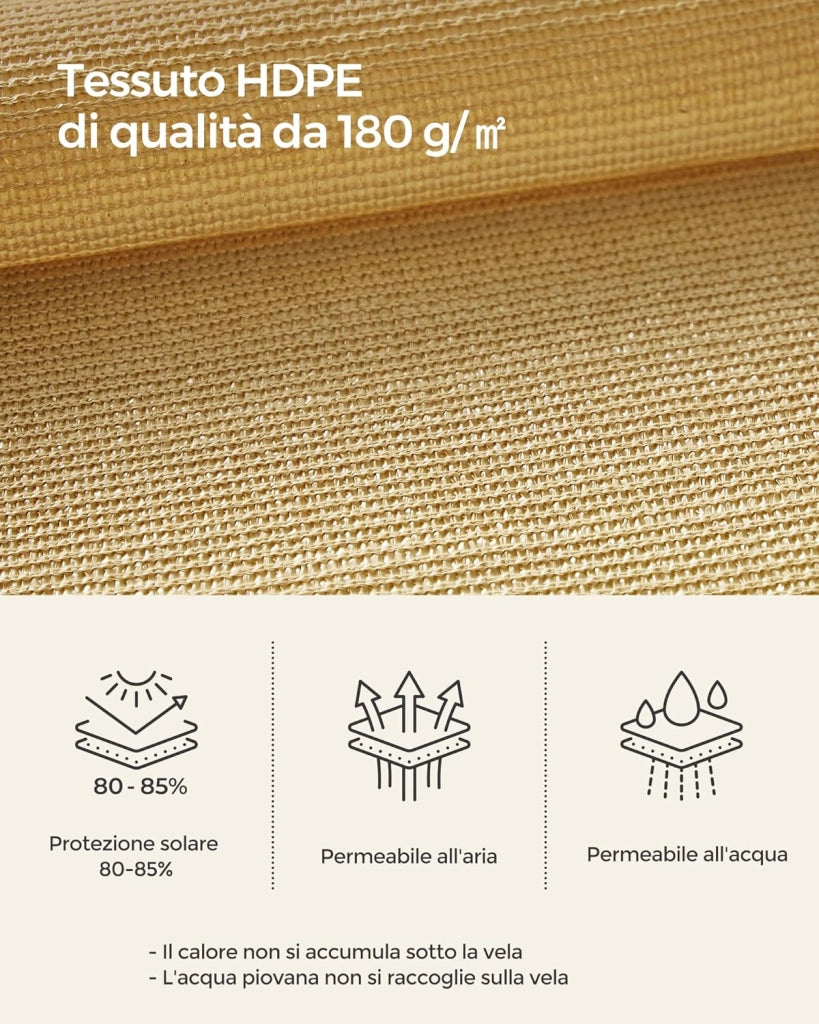SONGMICS Vela Parasole 5 x 5 m, Tenda da Sole in Tessuto HDPE, Permeabile all'Aria e all'Acqua, per Terrazza, Giardino, Balcone, Campeggio, Quadrata, Concava, Corde da 2 m, Giallo Sabbia GSS55EYV1