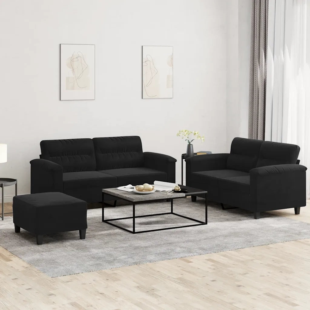 Set Divani 3 pz con Cuscini Nero in Tessuto Microfibra