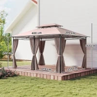 Gazebo da Giardino 4x3m con Doppio Tetto e Tende Laterali in Acciaio e Poliestere, Color Cachi